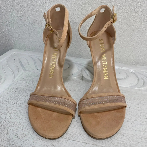Stuart Weitzman Adrianna Suede Sandal Heels Peach Nude 7 Wedding Event Sparkle - Picture 3 of 8